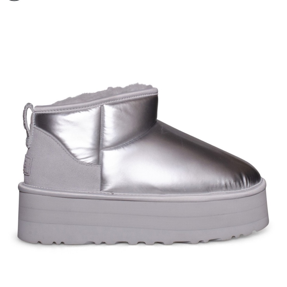 UGG Ultra Minis Platform Metallic Silver Suede Boots Size 9 NWT - Picture 4 of 5